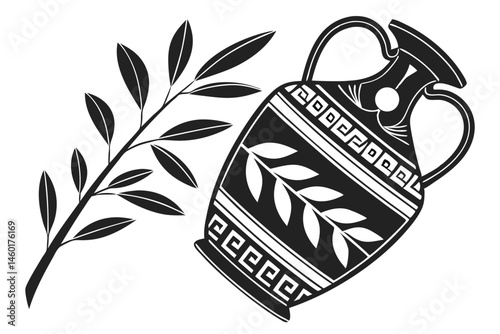 103 Ancient pottery, Greek amphora, black silhouette, decorative pattern, leaf motif, geometric design, white background, minimalist illustration, ornate jug, traditional ceramic, symmetrical composit