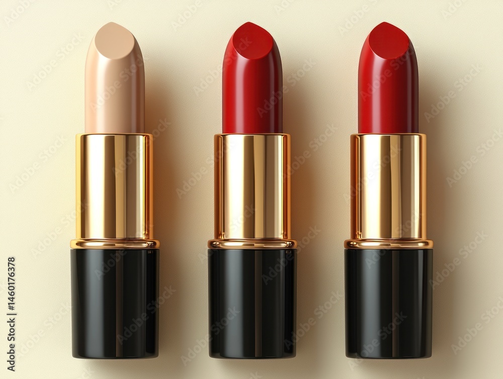 Obraz premium Three lipsticks in nude, red, and dark red shades, elegantly arranged against a neutral background. The gold casings add a luxurious touch