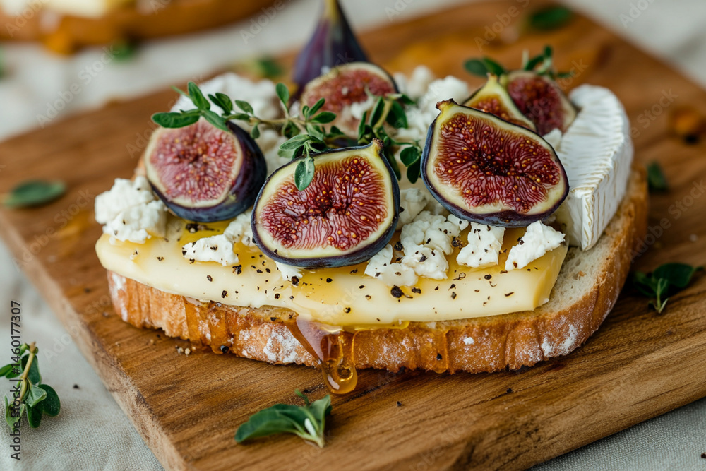 Open sandwich with brie cheese, figs and honey drops on a wooden board Open sandwich with brie cheese, figs and honey drops on a wooden board