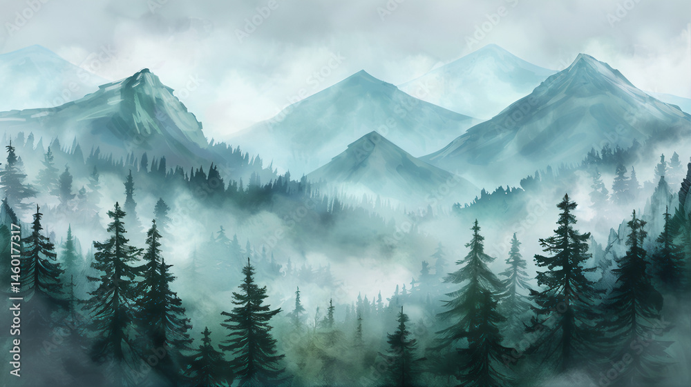 Fototapeta premium Mountain landscape with fog, misty foggy landscape, mountains clip art. Silhouette mountains, dramatic mountains hill station, landscape drawing. mysterious mood forest pine, pacific northwest forest