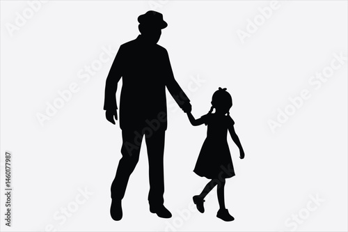 Silhouette of grandparents and granddaughter walking