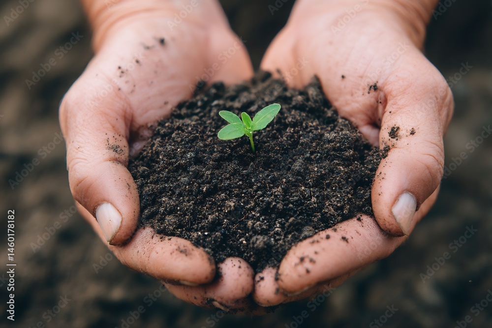 A small sprout in hands, symbol of growth, hope, and environmental care A small sprout in hands, symbol of growth, hope, and environmental care
