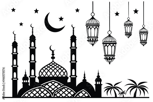 105 Arabic lanterns, Islamic architecture, silhouettes, ornate designs, Ramadan decorations, black and white, geometric patterns, hanging lamps, oriental style, intricate details, traditional Middle E
