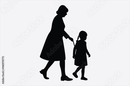 Silhouette of grandparents and granddaughter walking