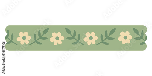 Green washi tape with delicate cream flowers and leafy branches. Flat cartoon vector illustration.