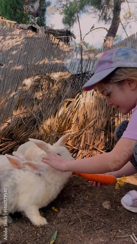 Young child feeds rabbits in a serene outdoor setting during sunny afternoon