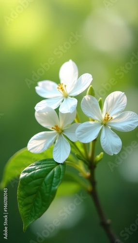 Delicate white jasmine blossoms unfurl in springtime sunlight , fresh, herbal
