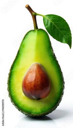 Single ripe organic avocado with leaves, isolated on white , organic, photography, farm