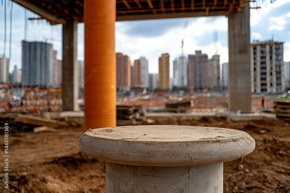 Naklejka premium Urban Construction: Concrete form in foreground, construction site with building framework and city skyline in the background. Earthy tones and a cloudy sky.