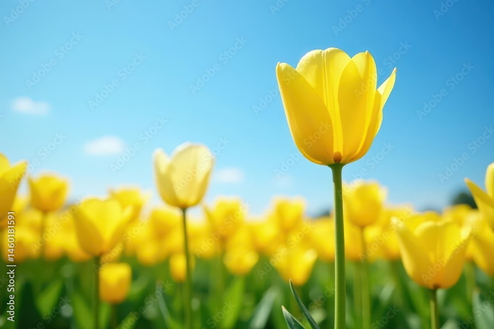 Vibrant yellow tulips in a Dutch field under a bright blue sky , summer, scenic, outdoor Vibrant yellow tulips in a Dutch field under a bright blue sky , summer, scenic, outdoor