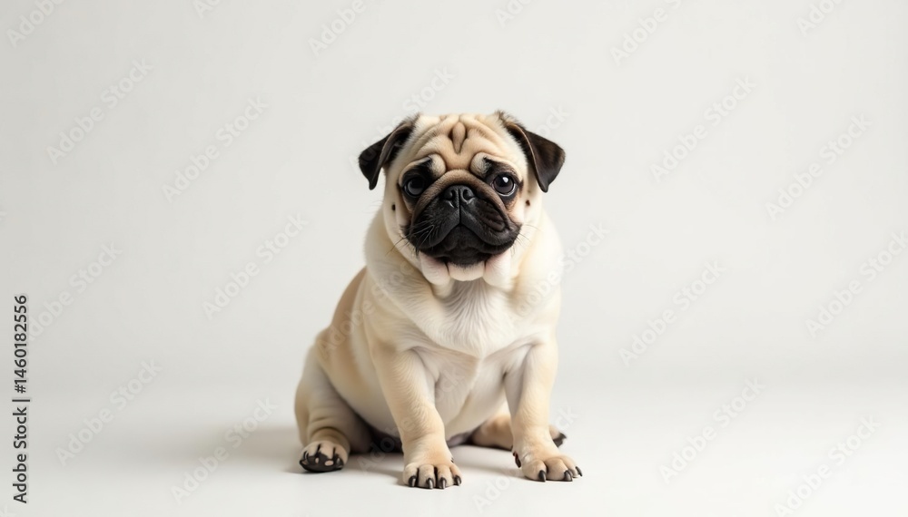 Obraz premium A lone pug, perfectly centered against a pure white backdrop, dog breeds, white, happy