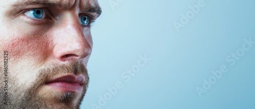 Close-up of pensive man with intense gaze and blue eyes against plain backdrop photo