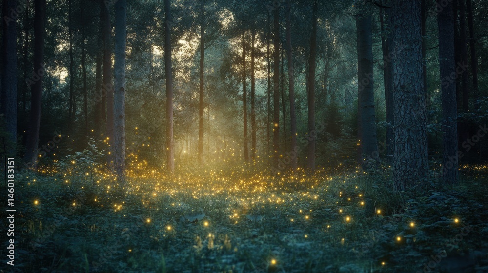 Enchanting forest illuminated by fireflies. Enchanting forest illuminated by fireflies.