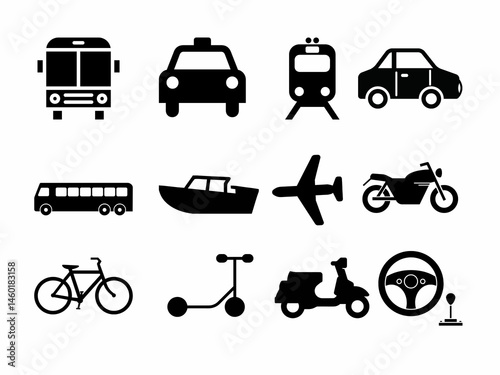Collection of transportation icons isolated on white background. car, train, airplane, motorcycle, bus icon on white background.