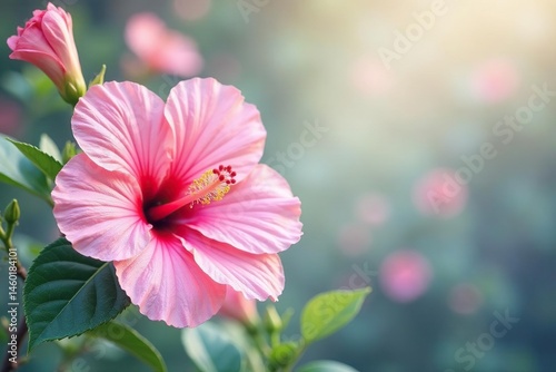 Delicate pink hibiscus flowers, watercolor style, soft background , summer, spring