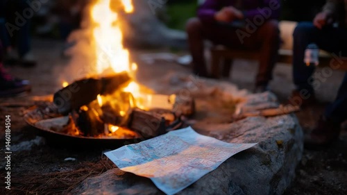Campfire scene at twilight with map for planning next day