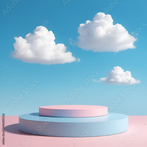 Blue 3D podium with a pastel sky background, fluffy clouds floating above, minimalist scene for product display, modern and clean