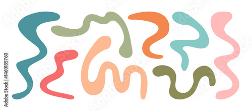 Shape organic, funky line wavy, liquid blob, curve doodle element, abstract bold paint scribble, pastel fluid form, groovy kid bubble isolated on white bg. Fun stripes hand draw. Vector illustration