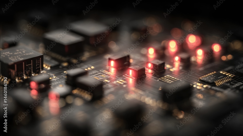Obraz premium Abstract Close-up of Illuminated Circuit Board with Red LEDs and Microchips