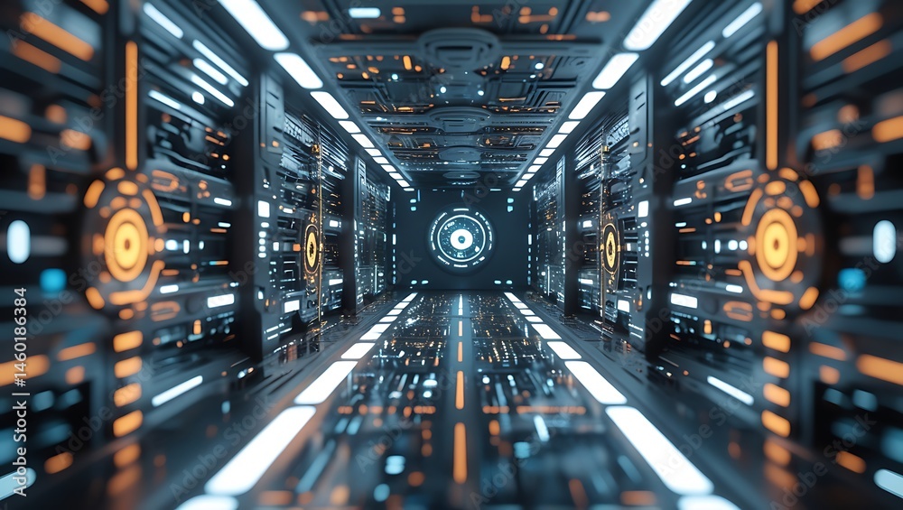 Fototapeta premium Futuristic server room corridor with glowing elements and digital panels