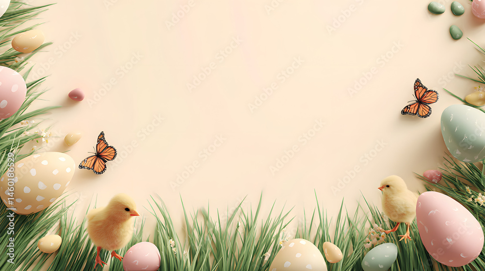 Pastel Easter Scene Eggs, Chicks, Butterflies & Spring Grass