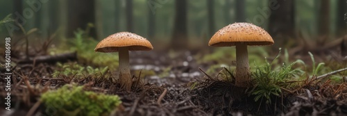 A single mushroom emerges from damp forest soil , toadstool, fungus, nature