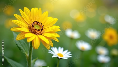 One bright yellow sunflower among white daisies, isolated, different