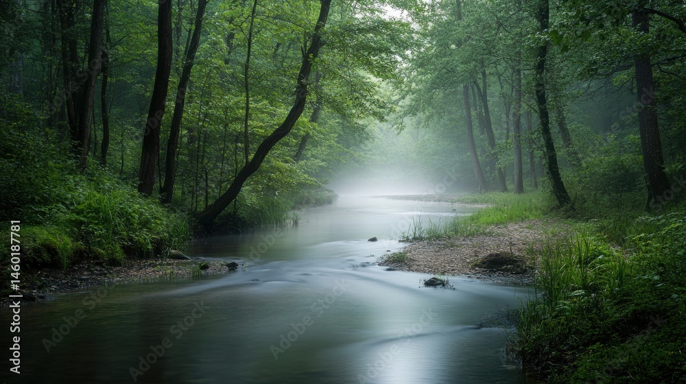 Obraz premium Misty, tranquil stream flowing through lush forest.