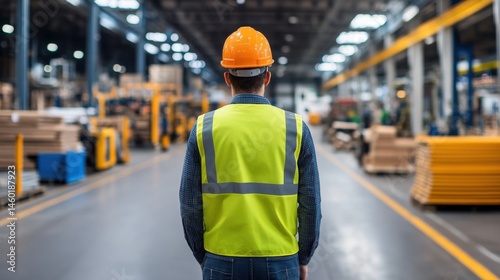 Worker in Safety Vest and Helmet Observing Industrial Warehouse Operations