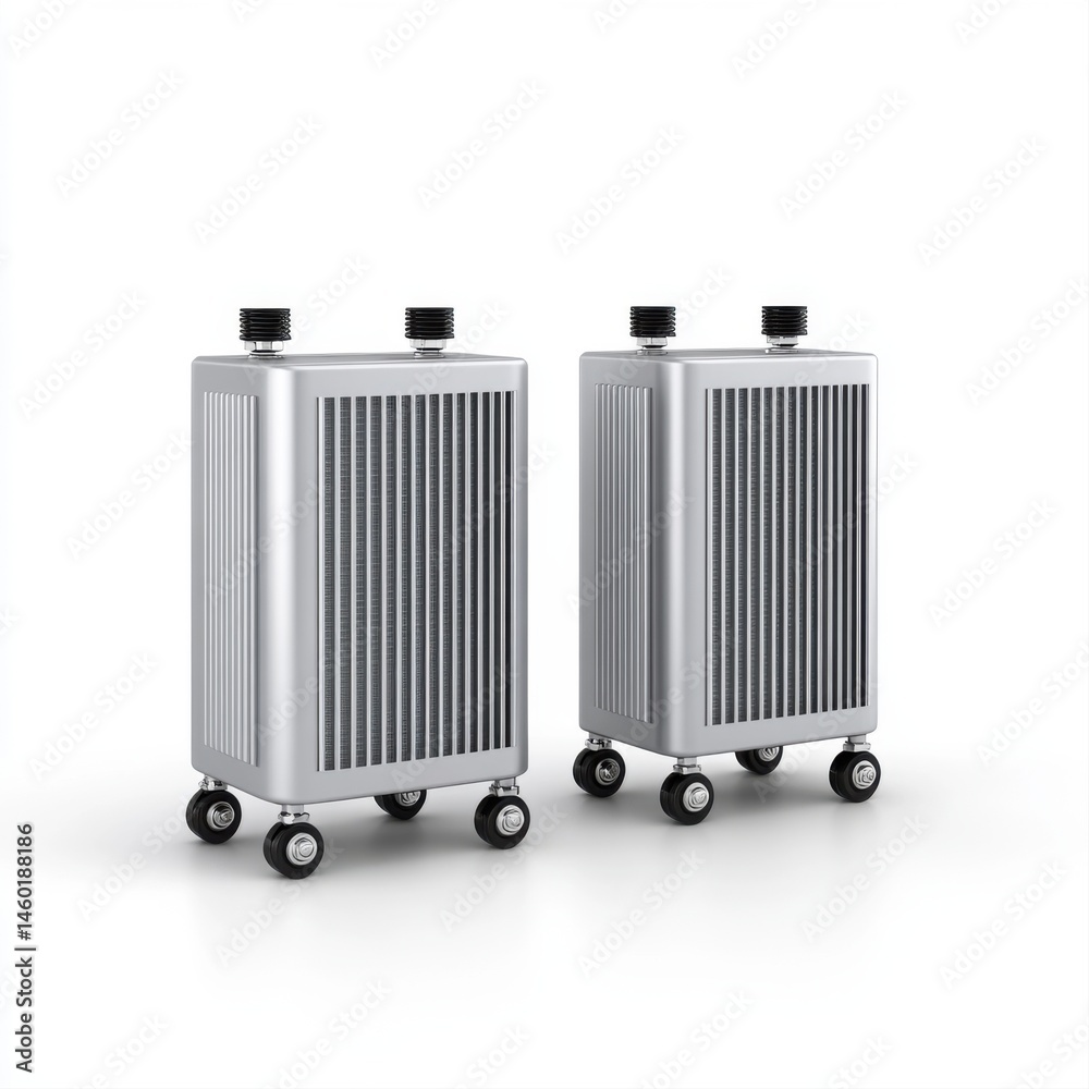 Fototapeta premium Sleek modern coolant tanks on wheels for industrial use and mobility