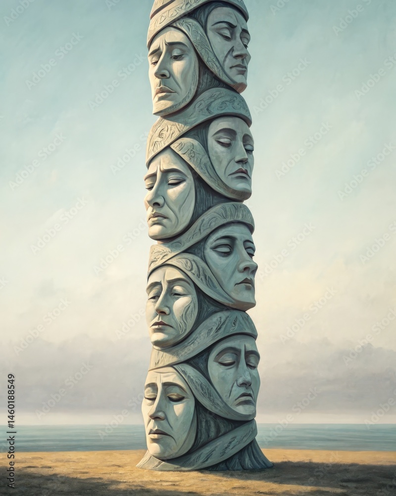 A towering sculpture featuring a series of intertwined faces each expressing a different emotion representing the multifaceted nature of the self and the various inner