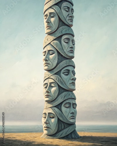 Obraz na płótnie A towering sculpture featuring a series of intertwined faces each expressing a different emotion representing the multifaceted nature of the self and the various inner w salonie