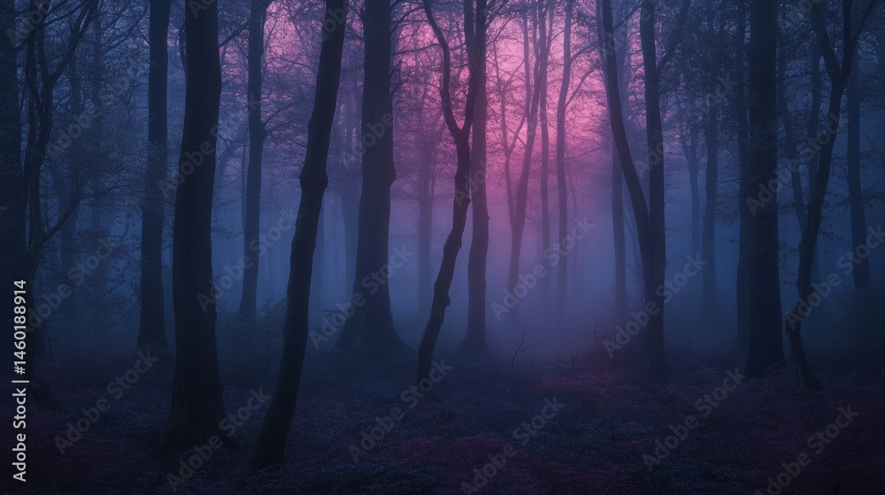 Fototapeta premium Mysterious, misty forest scene at twilight.