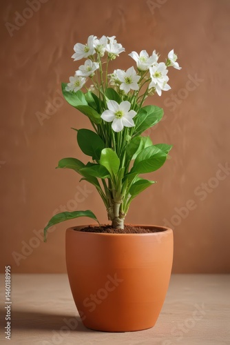 Wallpaper Mural Vibrant green sprout, white blooms in terracotta pot ,  clay pot,  gardening Torontodigital.ca