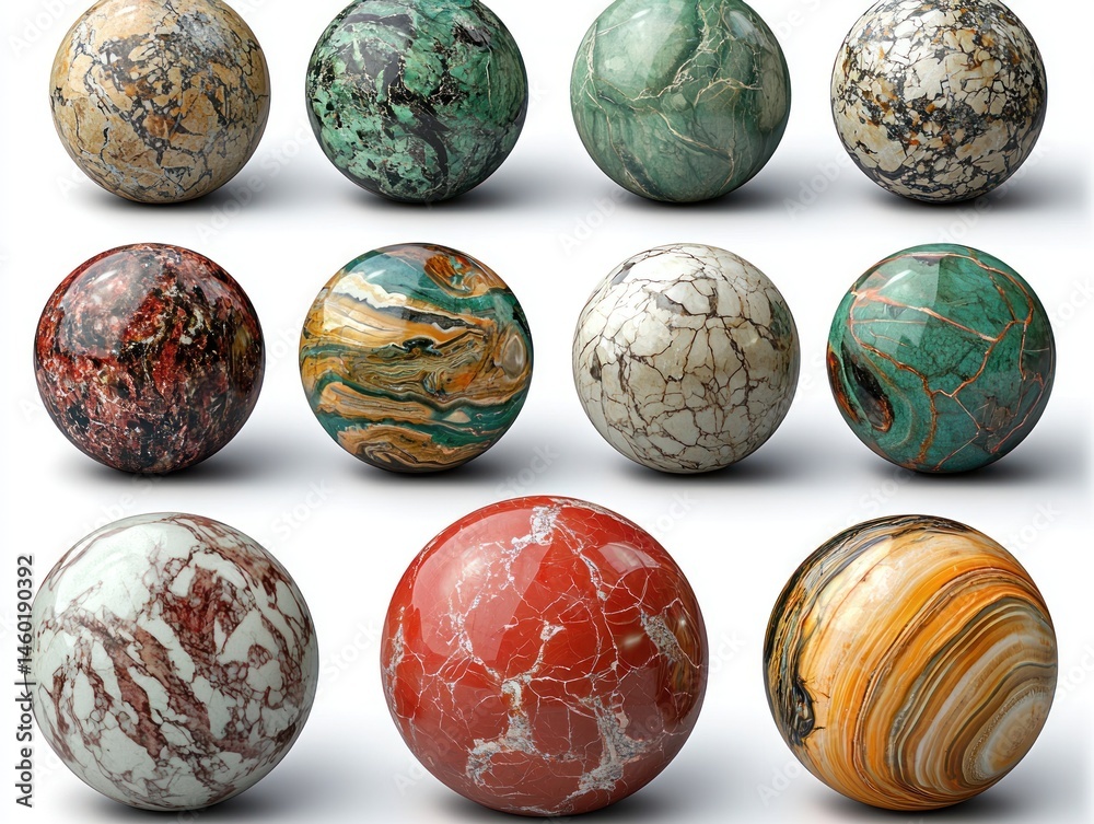 Twelve polished stone spheres, each displaying unique veining and color patterns. Variety of textures and colors Twelve polished stone spheres, each displaying unique veining and color patterns. Variety of textures and colors