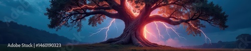 Ancient oak tree crackling with multiple lightning strikes , roots, wild