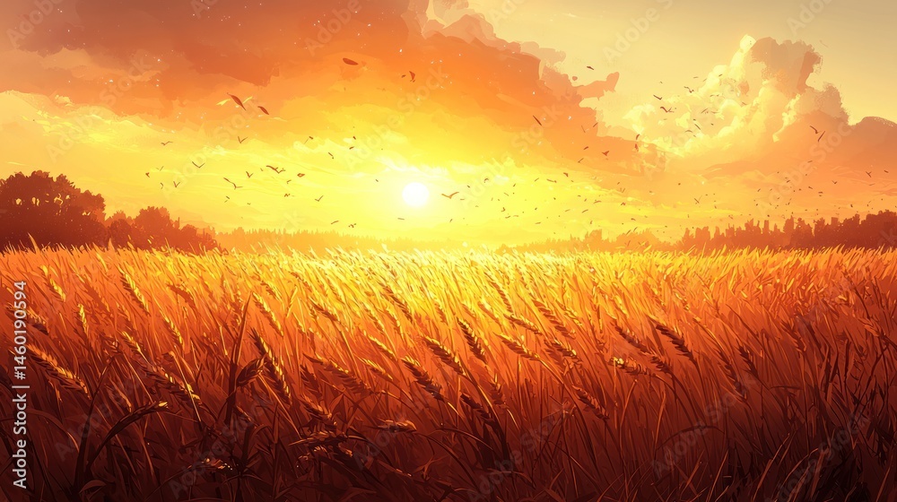 Fototapeta premium Golden wheat field at sunset, birds flying, warm light