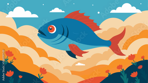 Surreal Ocean Sky A surreal depiction of a giant fish diving through swirling cloud formations surrounded by smaller fish darting around. The landscape below consists of rolling