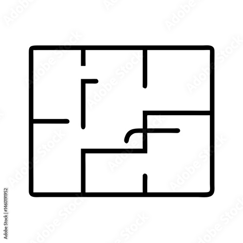 Simple floor plan outline with interconnected rooms in black line art  