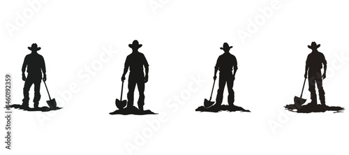 Four Silhouettes of Farmers with Shovels on a White Background