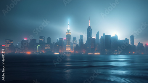 NYC Skyline Digital Art: A mesmerizing digital rendering of the New York City skyline, depicted with a futuristic, ethereal glow, reflecting on a dark, still water.