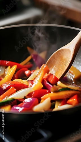 Warm Vegetable Stir-Fry in a Pan with Wooden Spoon