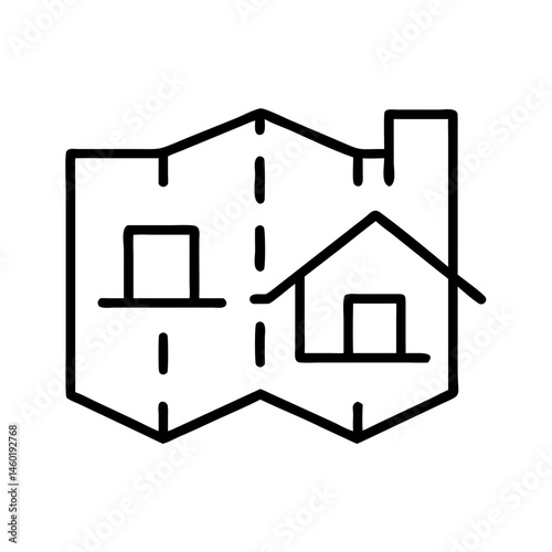 black outline icon of folded map with house shapes and dashed lines, symbolizing real estate navigation or housing plan, minimalist vector on white background