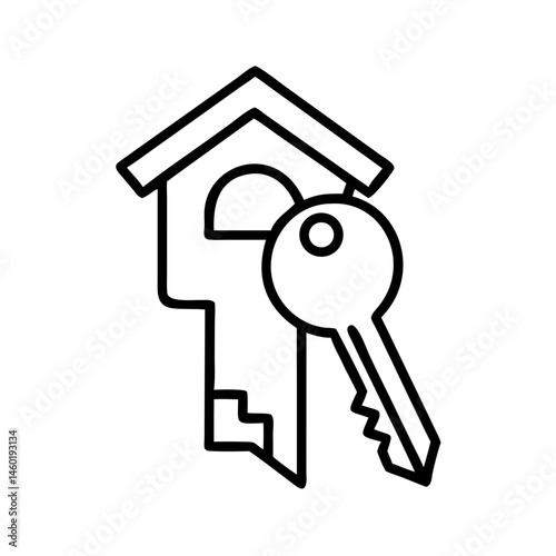 black outline icon of key and house combined, symbolizing home ownership, real estate access or rental, minimalist vector on white background