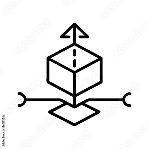 black outline icon of 3d cube with directional arrows, real estate object rotation and spatial orientation, minimalist vector on white background