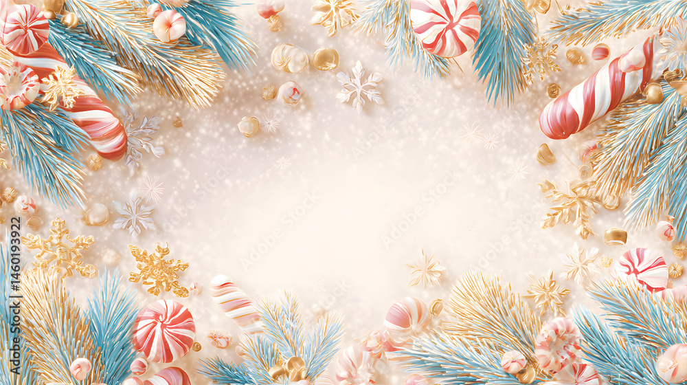 Pastel Christmas Illustration Festive Candy Canes, Pine Branches, and Sparkling Snowflakes