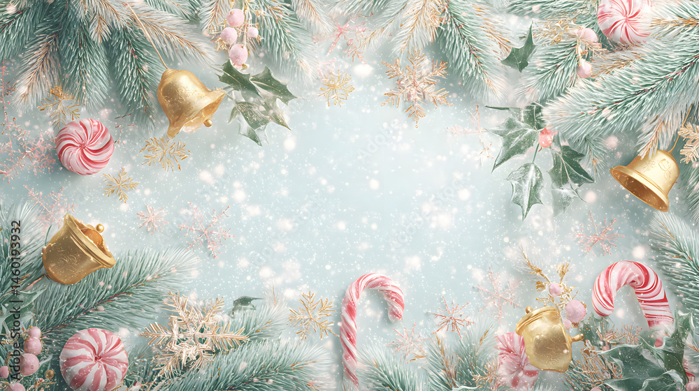 Pastel Christmas Illustration Cozy Winter Scene with Candy Canes and Bells