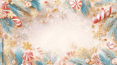 Obraz na płótnie Pastel Christmas Illustration Festive Candy Canes, Pine Branches, and Sparkling Snowflakes w salonie