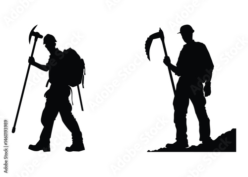 Hikers with Backpacks and Trekking Poles Silhouette Against White Background