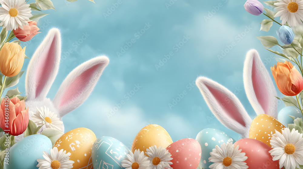 Pastel Easter Illustration Spring Flowers, Eggs, and Bunny Ears